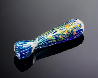Cachimbo de vidro Chillum exclusivo soprado à mão, vidro durável e grosso com detalhes dourados e azuis
