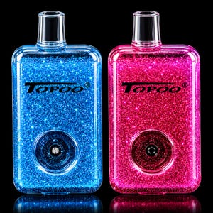 May include: Two rectangular electronic vaporizers with a clear, glitter-infused finish. One device is bright blue and the other is vibrant pink. Both feature a centered circular air intake, a top mouthpiece, and the black text TOPOO printed on the front.