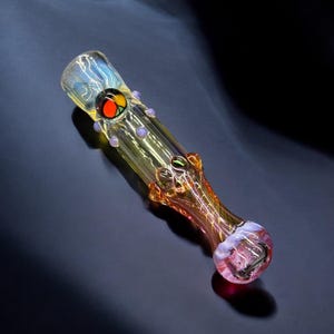 Hand Blown Chillum Glass Pipe with Anti Roll Dot, Unique Symbol Art, Fumed Color, Made in USA,  Pocket Size Chillum