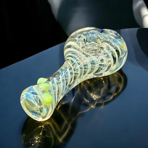 3” Fumed Glass Spoon Pipe – Yellow & Blue Swirl Design with Lime Marble Grips | Hand Blown USA Made | Unique Pocket Glass Pipe