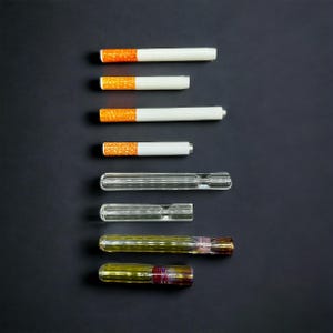 Puede incluir: Un conjunto de seis pipas para fumar, incluyendo cuatro cigarrillos tradicionales y dos pipas de vidrio. Las pipas están dispuestas verticalmente sobre un fondo negro.