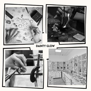 May include: Black and white photos showing the process of making jewelry. The first photo shows a hand drawing a design on paper. The second photo shows a hand using a torch to melt metal. The third photo shows a hand working on a piece of jewelry. The fourth photo shows a jewelry store with shelves of jewelry.