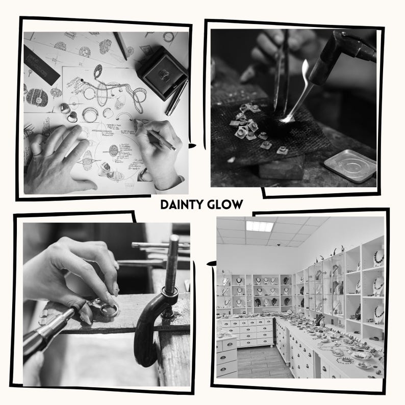May include: Black and white photos showing the process of making jewelry. The first photo shows a hand drawing a design on paper. The second photo shows a hand using a torch to melt metal. The third photo shows a hand working on a piece of jewelry. The fourth photo shows a jewelry store with shelves of jewelry.