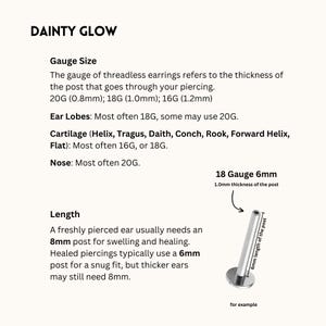 May include: A diagram showing the different gauge sizes for threadless earrings, with a close-up of a 6mm post for an 18 gauge piercing. The text explains that a freshly pierced ear usually needs an 8mm post, while healed piercings typically use a 6mm post.