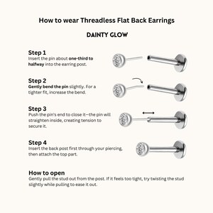 May include: How to wear threadless flat back earrings. A step-by-step guide with illustrations showing how to insert, bend, and secure the earring post.