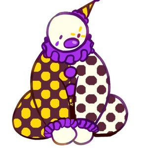May include: A cartoon illustration of a sad clown with a purple hat and a yellow and black polka dot costume.