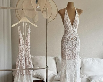 White Lace Halter Maxi Dress: Backless Fishtail Gown