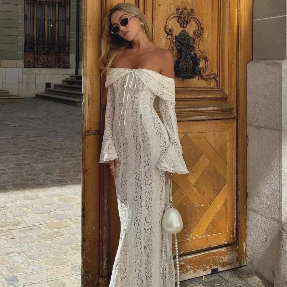 White Lace Off-Shoulder Maxi Dress: Elegant Flare Sleeve Bodycon