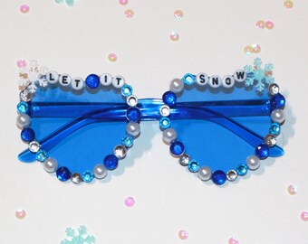 Blue Bedazzled "Let It Snow" Heart Holiday Sunglasses