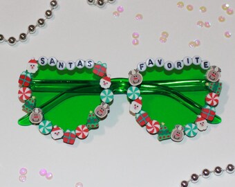 Green Beaded "Santa's Favorite" Holiday Heart Sunglasses