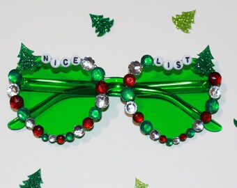 Green Bedazzled "Nice List" Heart Holiday Sunglasses