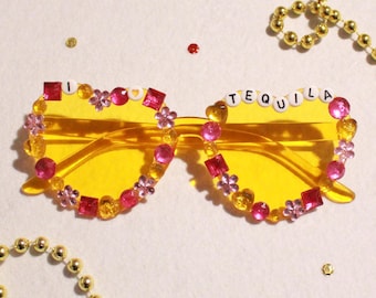Orange Yellow "I Heart Tequila" Bedazzled Party Sunglasses