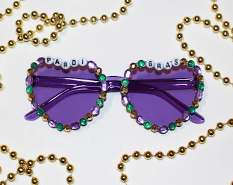 Purple "Pardi Gras" Bedazzled Mardi Gras Heart Sunglasses