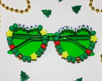 Green "Merry Christmas" Heart Holiday Sunglasses