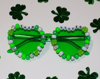 Bright Green "ShamRocked" St. Patrick's Day Sparkly Beaded Heart Sunglasses