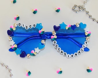 Blue Beaded "Disco Occasionally" Concert Heart Adult Glasses