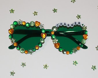 Green "Charmer" Bedazzled St. Patrick's Day Heart Sunglasses
