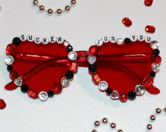 Red Bedazzled "Sucker for You" Vampire Costume Heart Sunglasses