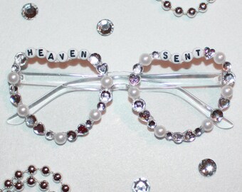 White Bedazzled "Heaven Sent" Angel Costume Heart Sunglasses