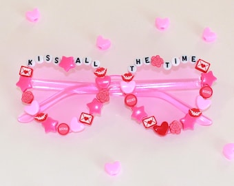 Pink Beaded "Kiss All The Time" Adult Concert Heart Glasses