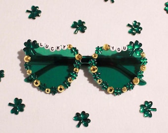 Green "Lucky You" Saint Patrick's Day Heart Bedazzled Sunglasses