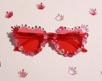 Dark Pink "Birthday B*tch" Bedazzled Heart Sunglasses