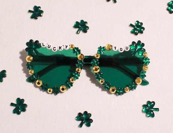 Green "Lucky You" Saint Patrick's Day Heart Bedazzled Sunglasses