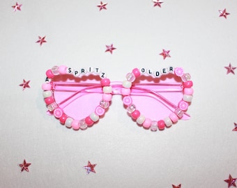 Pink "A Spritz Older" Beaded Bedazzled Heart Sunglasses