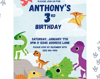 Cartoon Dinosaurier kundengerechte Geburtstagseinladungs-Digital-Schablone