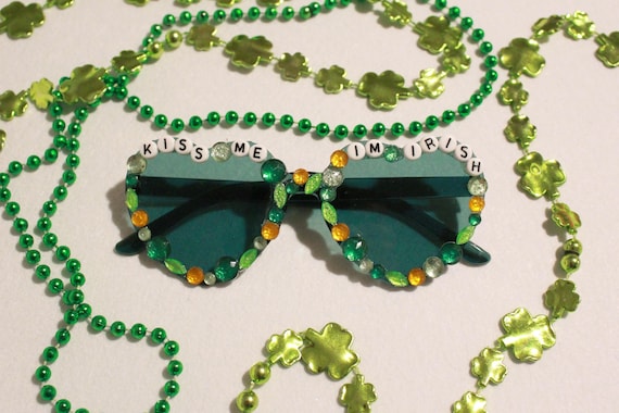 Green "Kiss Me I'm Irish" Saint Patricks Day Bedazzled Sunglasses