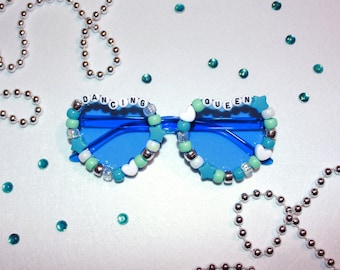 Blue "Dancing Queen" Beaded Bedazzled Heart Sunglasses
