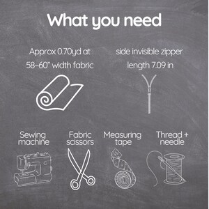 K&ouml;nnte beinhalten: Eine Tafel-Grafik listet N&auml;hprojekt-Essentials auf: Stoff, einen Rei&szlig;verschluss (18 cm), N&auml;hmaschine, Schere, Ma&szlig;band und Faden mit einer Nadel. Der Text lautet "What you need".