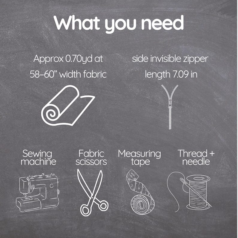 K&ouml;nnte beinhalten: Eine Tafel-Grafik listet N&auml;hprojekt-Essentials auf: Stoff, einen Rei&szlig;verschluss (18 cm), N&auml;hmaschine, Schere, Ma&szlig;band und Faden mit einer Nadel. Der Text lautet "What you need".