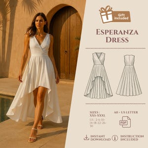 Puede incluir: Una mujer con un vestido blanco sin mangas con cuello en V y dobladillo asimétrico. La imagen incluye un dibujo lineal del vestido y el texto "ESPERANZA DRESS". El vestido está disponible en tallas XXS-XXXL.