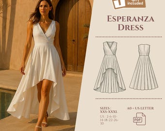 High-Low Summer Dress Sewing Pattern: Deep V-Neck, Flared Skirt (PDF Pattern, US 2-30, XXS-3XL)