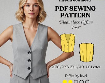 Sleeveless Office Vest Sewing Pattern PDF – Women Tailored Vest, XXS–3XL, A0 + US Letter