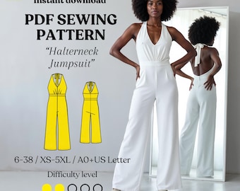 Halter Neck Wide Leg Jumpsuit Sewing Pattern: XS-5XL (PDF Pattern, A0 & US Letter Sizes)