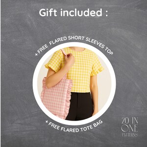 K&ouml;nnte beinhalten: Ein gelb-wei&szlig; kariertes kurz&auml;rmeliges Oberteil mit ausgestellten &Auml;rmeln und eine rosa-wei&szlig; karierte Tragetasche mit R&uuml;schenkanten. Das Bild enth&auml;lt den Text "Gift included" und "20 in one patterns".