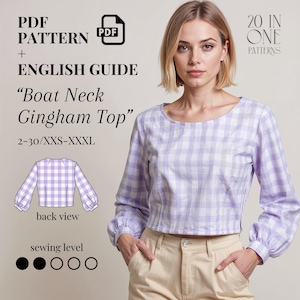 Könnte beinhalten: Ein helllila und weiß kariertes Bootshals-Top mit langen Ärmeln. Das Bild enthält ein PDF-Muster und eine englische Anleitung für die Größen 2-30/XXS-XXXL. Die Rückansicht des Tops ist ebenfalls abgebildet. Der Nählevel wird angezeigt.