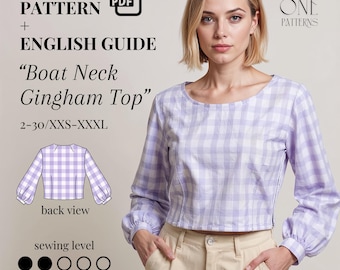 U-Boot-Ausschnitt PDF Schnittmuster , Crop Top Schnittmuster, Puffärmel einfach Frauen Bluse Schnittmuster, Gingham Top, Größen 2–30 (XXS–XXXL)