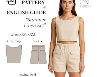 Modello di cucito per top corto e pantaloncini in lino: abbigliamento da casa da donna (modello PDF, taglie 2-30)