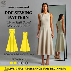 May include: A beige linen midi gored sleeveless dress is displayed, with a model wearing the dress. The image also shows a PDF sewing pattern with the text "Linen Midi Gored Sleeveless Dress". The difficulty level is indicated by yellow and white circles.