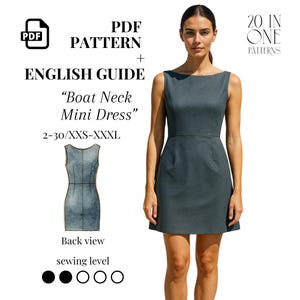 Cocktail Mini Dress Sewing Pattern, Linen A-Line Dress Pattern, Boat Neck Sleeveless Dress, Elegant Summer PDF Pattern, US 2 to 30 Sizes