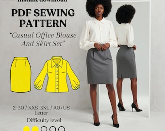 Casual Office Blouse & Skirt Set PDF Sewing Pattern – Women’s Work Outfit, Digital Business Wear, DIY Sewing