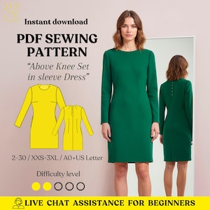 Könnte beinhalten: Ein grünes Langarmkleid mit rundem Ausschnitt wird gezeigt. Eine gelbe Illustration des Kleides ist abgebildet. Der Text lautet "PDF Sewing Pattern" und "Above Knee Set in sleeve Dress". Der Schwierigkeitsgrad ist angegeben.