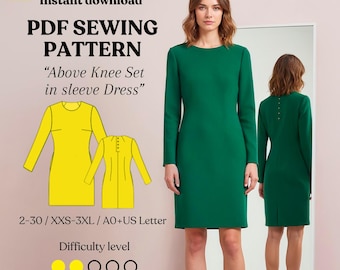 Long Sleeve Midi Dress Sewing Pattern PDF – Simple Shift Dress, Sizes 2-30 or XXS–3XL, A0 + US Letter