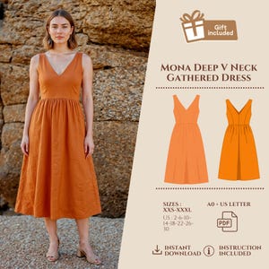 Linen Gathered Deep V Neck Midi Dress, Gathered Waist Dress Pattern, Easy Linen Midi Dress, Summer Linen Dress Pattern, US 2-30, EU 2XS-3XL