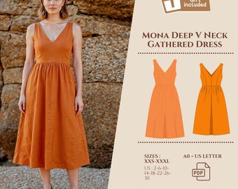 Linen Midi Dress Pattern: Deep V-Neck, Gathered Waist (US 2-30, PDF Download)