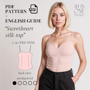 Puede incluir: Una mujer lleva un top de seda rosa claro con tirantes finos y cuello en V. La imagen incluye el texto "PDF PATTERN + ENGLISH GUIDE" y "Sweetheart silk top" con tallas 2-30/XXS-XXXL. La imagen también muestra un diagrama de la vista trasera.