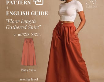 Bodenlanger, geraffter Rock PDF Schnittmuster – Anfängerfreundlich – Elastische Taille Maxirock – US 2-30 / XXS-3XL